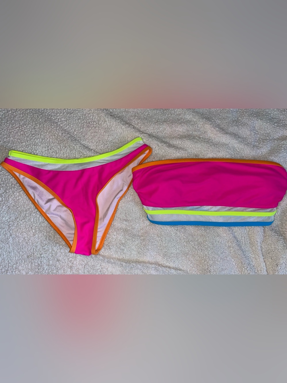 Neon Pink Bikini Set with Multicolor Trim